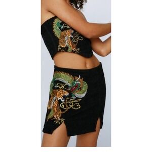 Nasty Gal Blk Cord Dragon Tiger Embroidered‎ Mini Skirt goth grunge Alternative